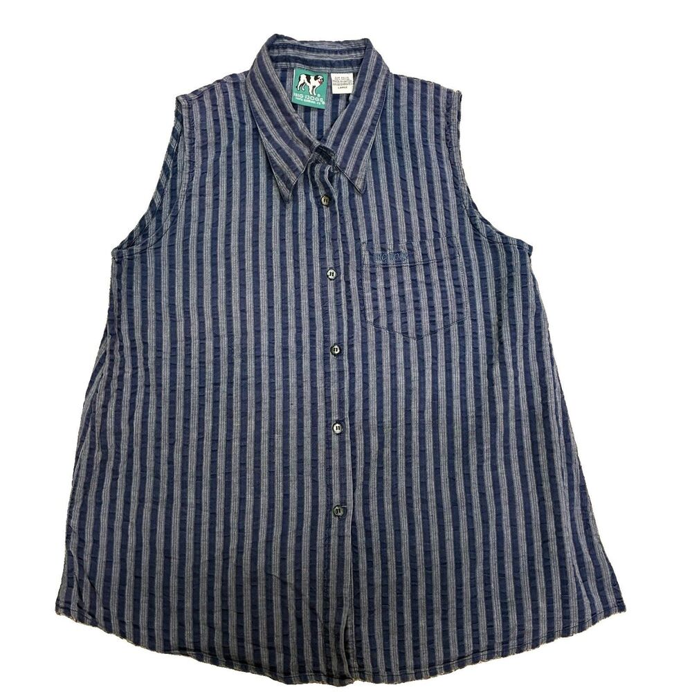 Big Dogs Button Up Collared Sleeveless Shirt Womens Large Blue Stripe Cotton Top